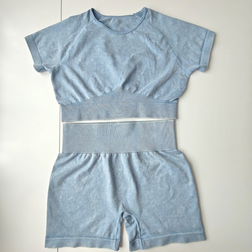 Seamless Acid Wash Activewear Set Light Blue Crop Top Biker Shorts Nylon Large